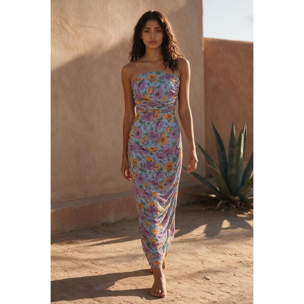 $499 Veronica Beard Women Blue Quiana Floral Strapless Ruched Midi Dress Size 8